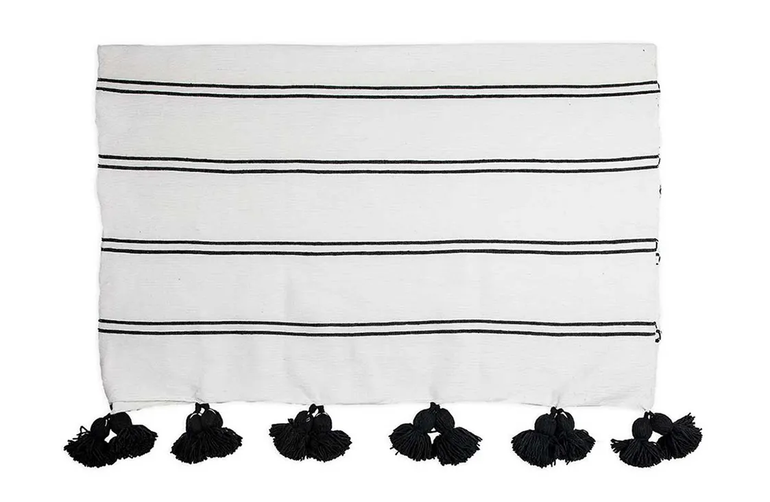 Black Striped Pom-Pom Throw