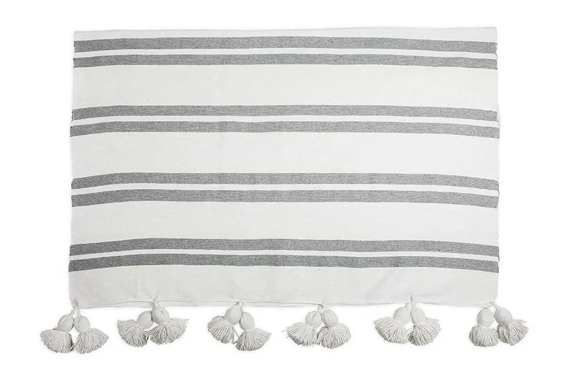 Grey Striped Pom-Pom Throw