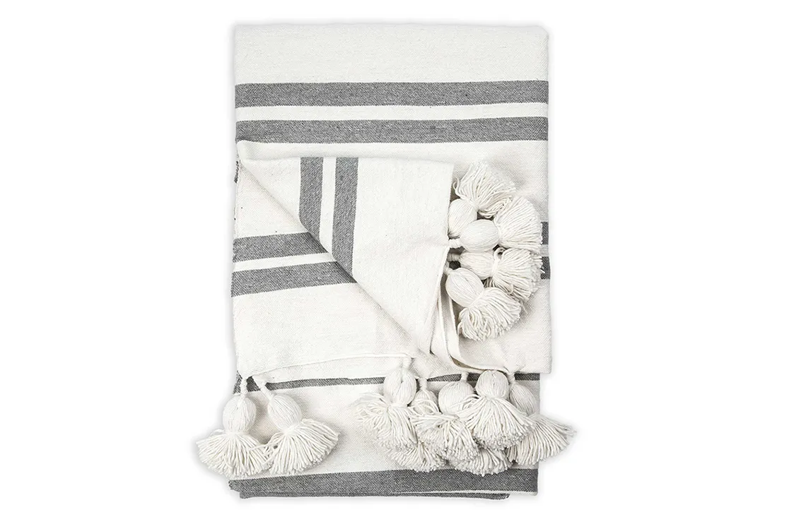 Grey Striped Pom-Pom Throw